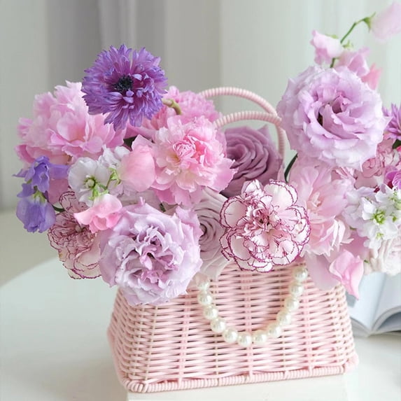 Easter Bunny Basket, PP Rattan Woven Ear Easter Egg Basket with Handle and Pearl Pendant, for Candy Picnic Wedding Party Decorations