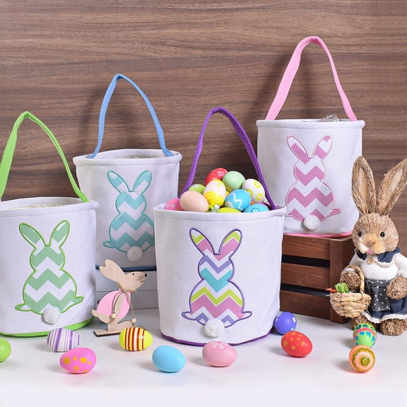 Easter Bunny Basket Personalized Canvas Cotton Egg Basket with Rabbit Print & Fluffy Tail,Tote Bucket Gift Bag Perfect for Candy Easter Egg Hunts & Gift Storage Party Favors & Holiday Decorations
