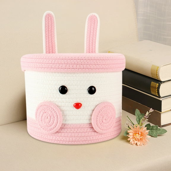 Easter Bunny Basket,Pinks Cotton Rope Woven Basket for Nursery with Ears Small Woven Baskets for Organizing with Lid ,Cute Cotton Basket for Gift Dog Cat Toy Storage Basket for Toy Organizer