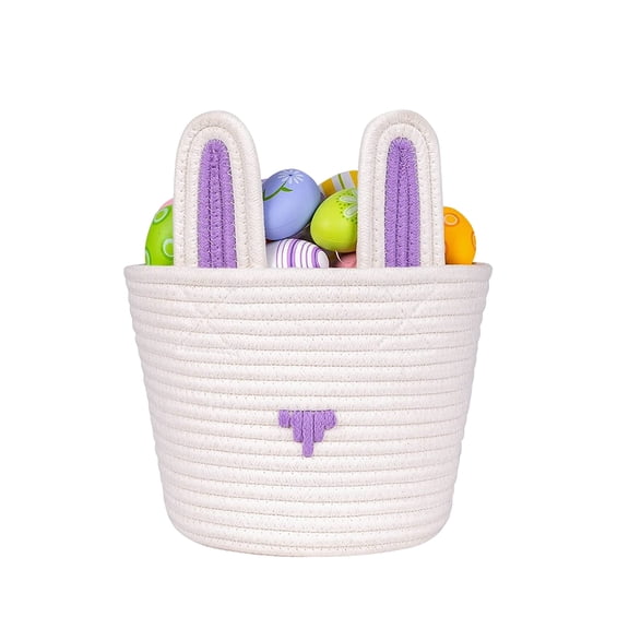 Easter Bunny Basket with Rabbit Ears, Handwoven Rattan Egg Hunting Basket without handle for Kids, Cute Spring Gift Basket for Easter Eggs, Candy, Toys – Party Supplies & Home Decor (1PC)
