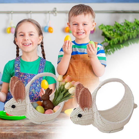 Easter Bunny Basket Shaped Woven Storage Basket With Handle Plastic Rattan Look Wicker Style Decorative Basket For Easter Decor Picnic Kitchen, B