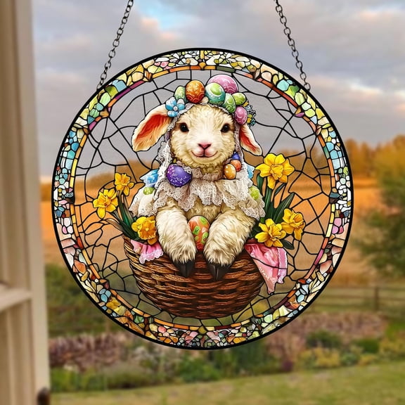 Easter Bunny Basket Suncatcher, Cute Rabbit Glass Style, Spring Window Hanging, Floral Easter Decor, Gift Idea, Suncatcher Window Hanging, 7.9 in