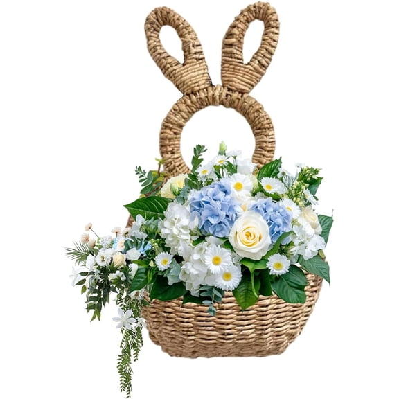 Easter Bunny Basket, Wicker Bunny Easter Basket, Bunny Basket Hanging Wall Pocket Spring Decor, Hand Woven Wicker Easter Pocket Woven Wall, Unlined Makes Decorate For Flowers, Gifts