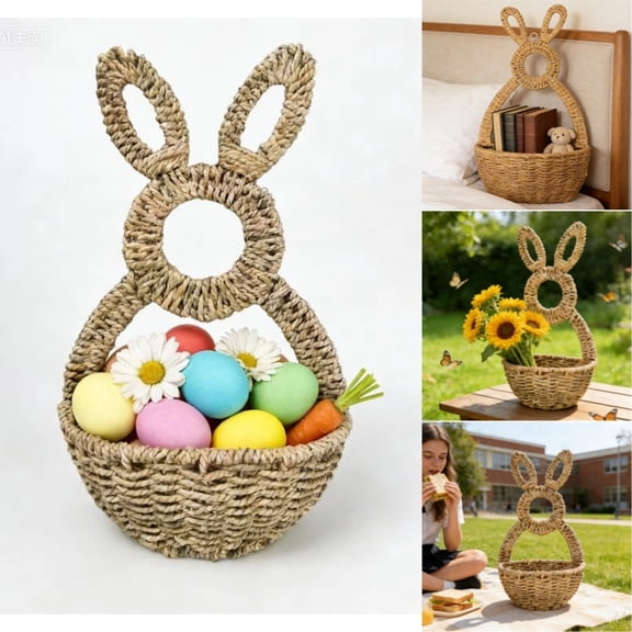 Easter Bunny Basket, Wicker Bunny Easter Basket, Bunny Basket Hanging Wall Pocket Spring Decor, Woven Wall, Flowers Eggs Floral Arrangements Home Decor