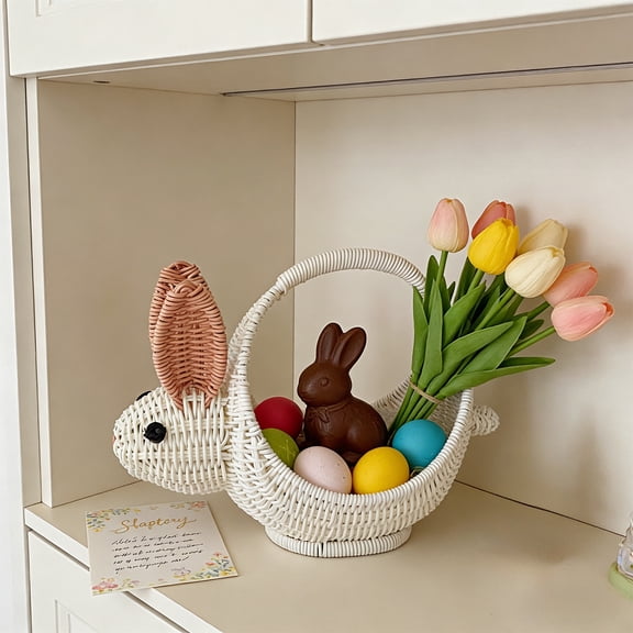 Easter Bunny Basket Wicker Style Handled Basket Rabbit Shaped Decorative Storage Basket for Easter Eggs Gifts Picnic Fruit Picking Home Decor Party Centerpiece Festive Spring Decoration