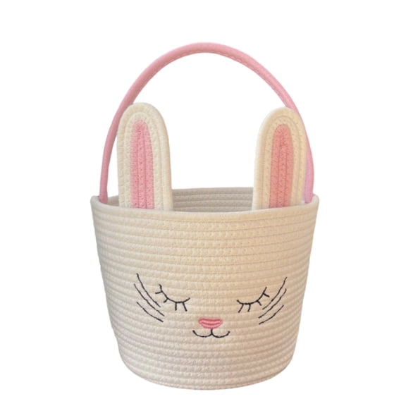 Easter Bunny Basket for Kids – Cute Cotton Rope Handmade Easter Egg Carrier with Floppy Ears, Pastel Pink Gift Basket for Girls & Toddlers