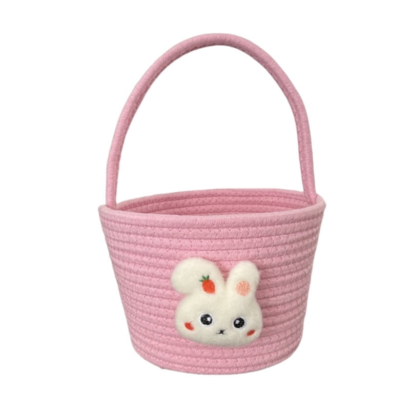 Easter Bunny Basket for Kids, Pink Easter Egg Hunt Basket with Handle, Cute Easter Candy Basket for Easter Gifts and Holiday Decorations