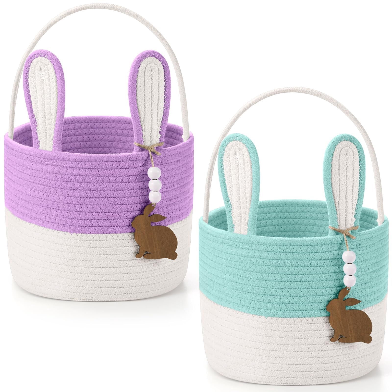 Easter Bunny Basket for Kids, Set of 2 Rabbit Ear Easter Basket with Rabbit Wood Bead Tags, Egg Hunt Bucket for Girls Boys(Yellow White)