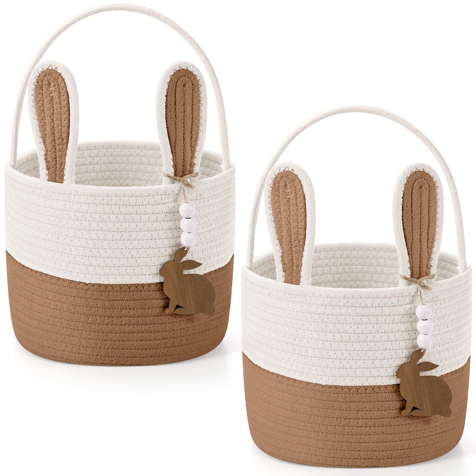 Easter Bunny Basket for Kids, Set of 2 Rabbit Ear Easter Basket with Rabbit Wood Bead Tags, Egg Hunt Bucket for Girls Boys(Yellow White)