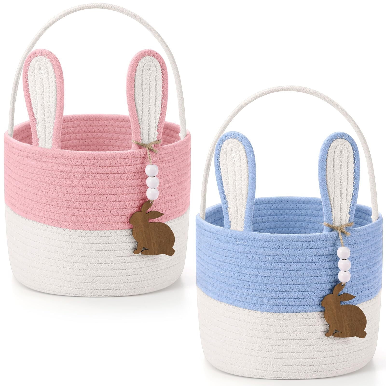 Easter Bunny Basket for Kids, Set of 2 Rabbit Ear Easter Basket with Rabbit Wood Bead Tags, Egg Hunt Bucket for Girls Boys(Yellow White)