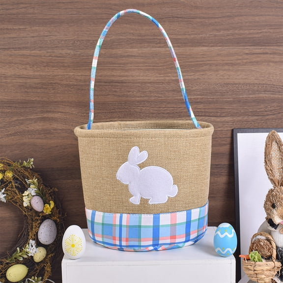 Easter Bunny Basket with Plaid Trim, Fabric, Easter Basket, Pink and Blue, Gift for Him Her