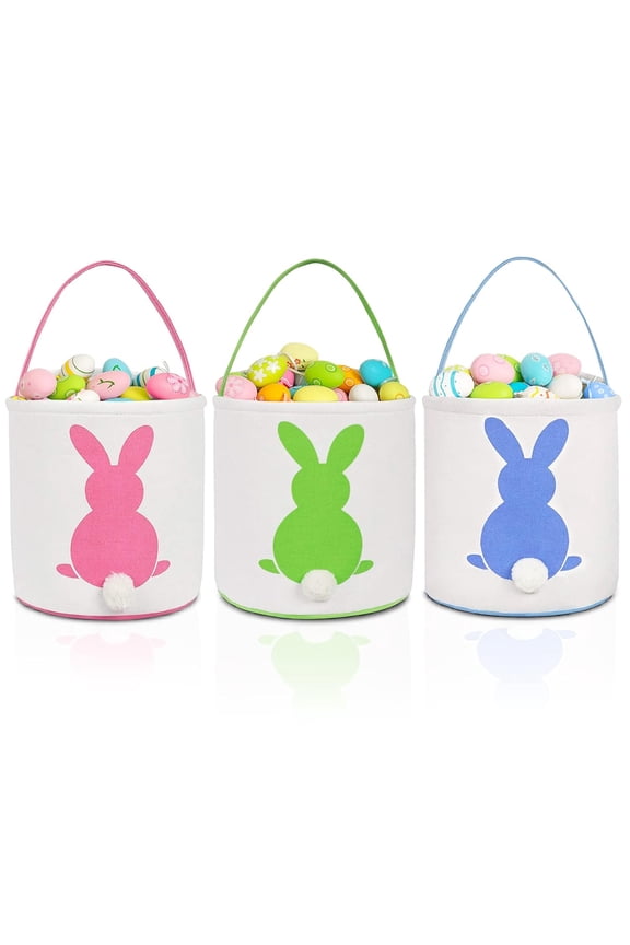 Easter Bunny Baskets for Kids, 3Pcs Canvas Easter Eggs Hunt Bag Rabbit Gifts Toys Bucket Tote