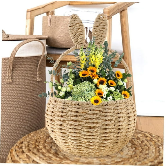 Easter Bunny Baskets with Rabbit Ears Handle Woven Plastic Empty Container for Gifts Stuffer Candy Toy Storage Party Supplies Brown 7 In