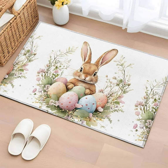Easter Bunny Bathroom Rug Washable 2x3 Entryway Rug Non Slip Colorful Eggs Spring Botanical Art Front Door Mat Low Pile Indoor Doormat Throw Floor Carpet for Kitchen Bedroom Entrance