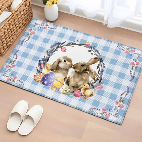 Easter Bunny Bathroom Rug Washable 2x3 Entryway Rug Non Slip Spring Easter Eggs Chick Floral Blue Check Front Door Mat Low Pile Indoor Doormat Throw Floor Carpet for Kitchen Bedroom Entrance