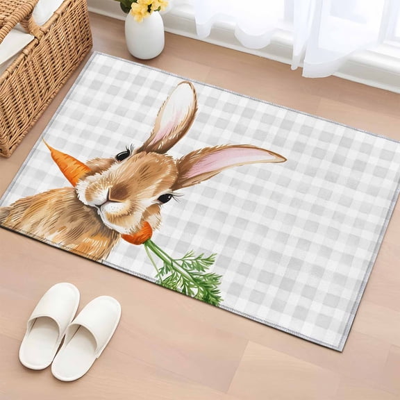 Easter Bunny Bathroom Rug Washable 2x3 Entryway Rug Non Slip Spring Rabbits Carrots Gray Buffalo Plaid Front Door Mat Low Pile Indoor Doormat Throw Floor Carpet for Kitchen Bedroom Entrance