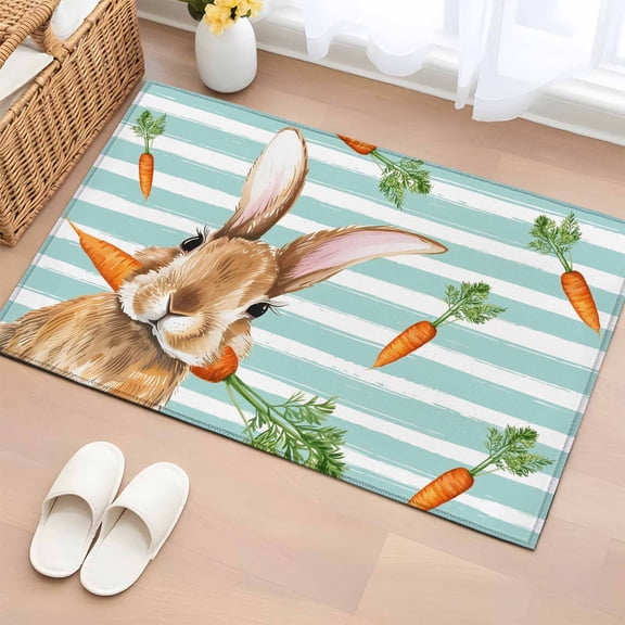 Easter Bunny Bathroom Rug Washable 2x3 Entryway Rug Non Slip Spring Rabbits Carrots Turquoise Stripes Front Door Mat Low Pile Indoor Doormat Throw Floor Carpet for Kitchen Bedroom Entrance