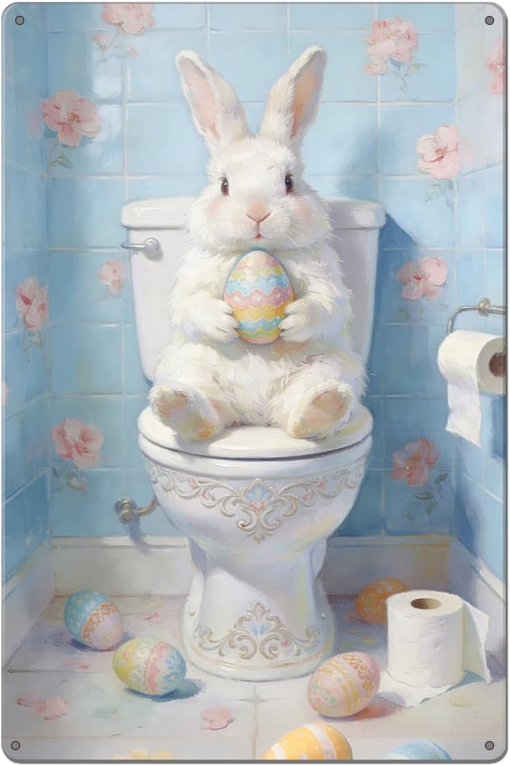 Peter Rabbit Restroom Sign Easter Bunny Bathroom Tin Sign Rabbit on Toilet Wall Art Decor Blue ...