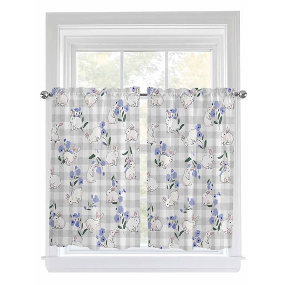 Easter Bunny Bathroom Window Curtain, Spring Purple Flower Rustic Farmhouse Grey Plaid Light Filtering Coffee Kitchen Curtains, Bedroom Living Room Curtains 2 Panel 84"x45"