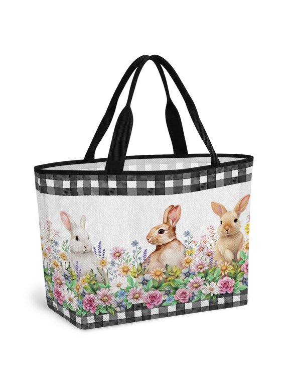 Easter Bunny Beach Bag for Women, Large Breathable Mesh Beach Tote Bag, Spring Daisy Flowers Rabbits Buffalo Plaid Sandproof Lightweight Travel Bags for Vacation Picnic Swimming Pool 15.7"x15.7"x9.1"