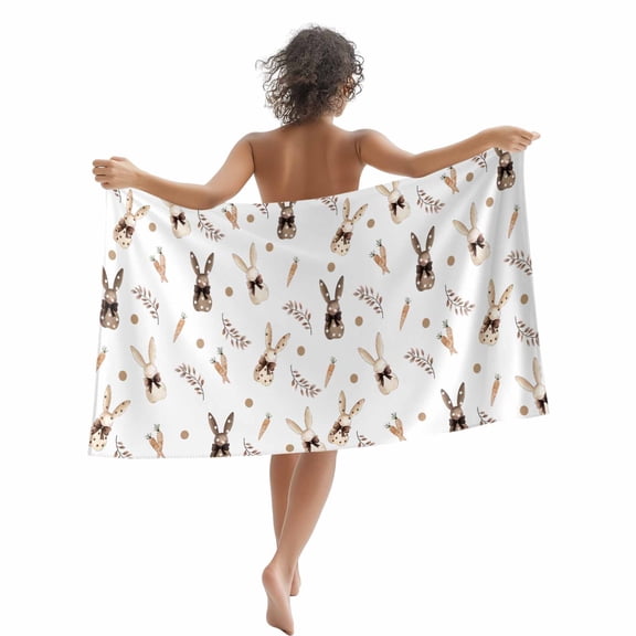 Easter Bunny Beach Towels Blanket Soft&Absorbent Quick Dry Microfiber Brown Spring Bow Rabbit Carrots Pattern Pool Towels for Swimming ,Yoga, Sports, Gym, Camping,Large 35X70in,