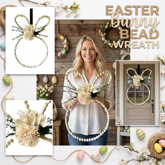 Easter Bunny Beaded Wreath 16 Inch Wall Decor For Outdoor Garden Farmhouse, Wooden Bead Garland Hanging Decoration For Easter Holiday Party, Spring Home Accent