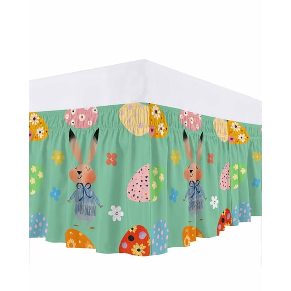Easter Bunny Bed Skirt King Size 16 Inch Drop, Cute Rabbit Colorful Easter Eggs Floral Green Adjustable Elastic Dust Ruffles Bedskirt for King Bed Wrap Around Pleated Mattress Frame Cover