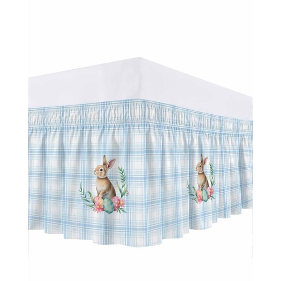 Easter Bunny Bed Skirt King Size 16 Inch Drop, Spring Pink Green Easter Eggs Floral Leaf Blue Plaid Adjustable Elastic Dust Ruffles Bedskirt for King Bed Wrap Around Pleated Mattress Frame Cover