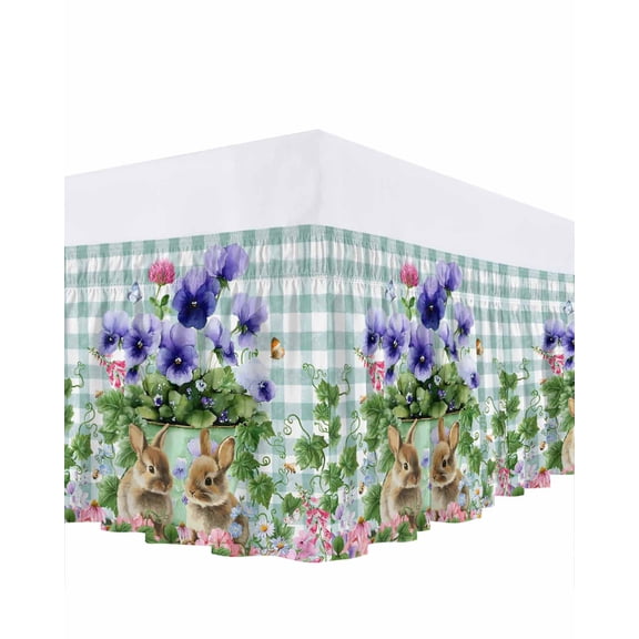 Easter Bunny Bed Skirt King Size 16 Inch Drop, Watercolor Purple Pink Floral Leaf Flowerpot Blue Plaid Adjustable Elastic Dust Ruffles Bedskirt for King Bed Wrap Around Pleated Mattress Frame Cover