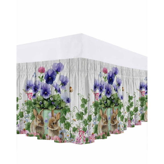 Easter Bunny Bed Skirt King Size 16 Inch Drop, Watercolor Purple Pink Floral Leaf Flowerpot Wood Grain Adjustable Elastic Dust Ruffles Bedskirt for King Bed Wrap Around Pleated Mattress Frame Cover