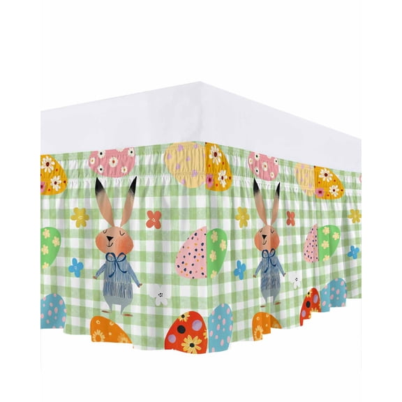 Easter Bunny Bed Skirt Queen Size 16 Inch Drop, Cute Rabbit Colorful Easter Eggs Floral Green Plaid Adjustable Elastic Dust Ruffles Bedskirt for Queen Bed Wrap Around Pleated Mattress Frame Cover