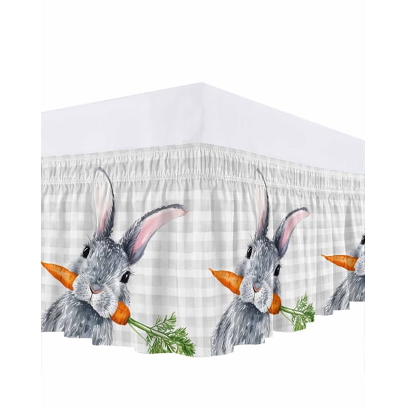 Easter Bunny Bed Skirt Queen Size 16 Inch Drop, Easter Rabbit Biting A Carrot Rustic Light Grey Plaid Adjustable Elastic Dust Ruffles Bedskirt for Queen Bed Wrap Around Pleated Mattress Frame Cover