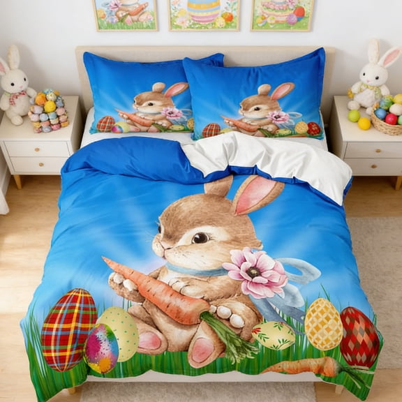 Easter Bunny Bedding Set 3 Piece Queen, Cartoon Egg Pattern Duvet Cover & 2 Pillowcases, Soft Microfiber Easter Decor Gift, Machine Washable