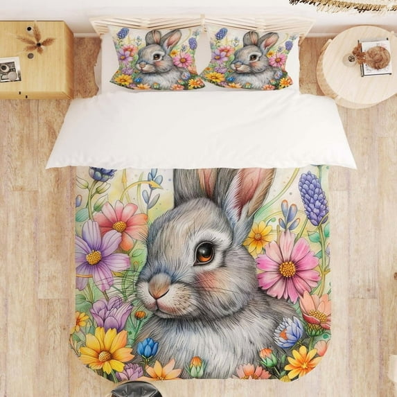 Easter Bunny Bedding Set For Kids, Happy Easter Eggs Comforter Set Cute Rabbit With Flower Bedding Comforter Sets For Girls Boys Women Bedroom, Cartoon Animal Pet Floral Quilt