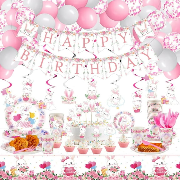 Easter Bunny Birthday Party Decorations Kit, 153 Pieces with Bunny Banner, Swirl Hanging Decor, Latex Balloons, Cupcake Toppers, Paper Plates, Cups, Spoons