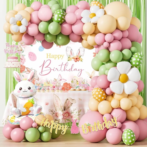 Easter Bunny Birthday Party Decorations Kit, Spring Floral Theme Party Supplies, Backdrop, Balloon Garland, Banner, Tablecloth, For Girls Birthday, Multicolor