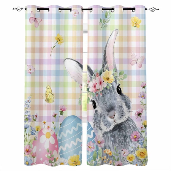 Easter Bunny Black Out Curtains 63 Inch Long, Room Darkening Draperies Curtains Panels, Blue Easter Eggs Spring Floral Colorful Plaid Thermal Curtain for Bedroom Living Room 52"x63" 2 Panels