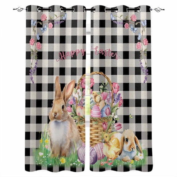 Easter Bunny Black Out Curtains 63 Inch Long, Room Darkening Draperies Curtains Panels, Spring Easter Eggs Floral Black White Check Thermal Insulated Curtain for Bedroom Living Room 52"x63" 2 Panels