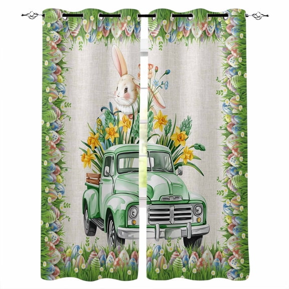 Easter Bunny Black Out Curtains 63 Inch Long, Room Darkening Draperies Curtains Panels, Spring Trucks Easter Eggs Floral Burlap Thermal Insulated Curtain for Bedroom Living Room 52"x63" 2 Panels