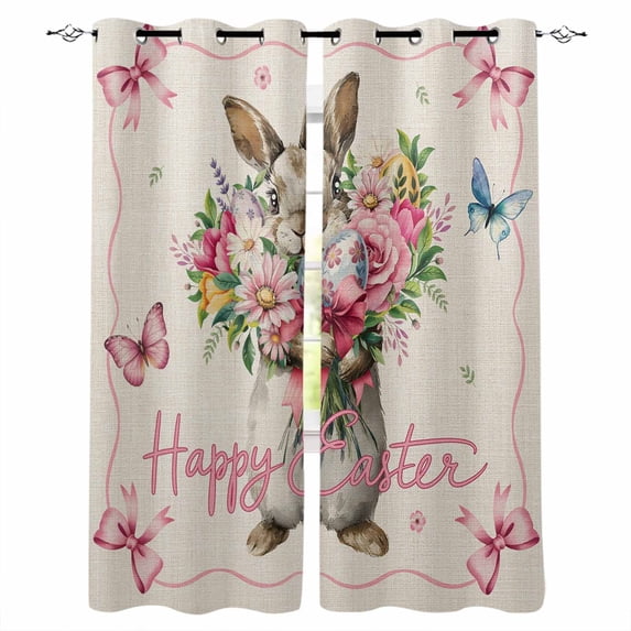 Easter Bunny Blackout Curtains for Bedroom, Cute Rabbits Spring Daisy Flowers Retro Beige Thermal Insulated Kitchen Drapes with Grommets, Light Blocking Window Treatment, 2 Panels 52" x 96"