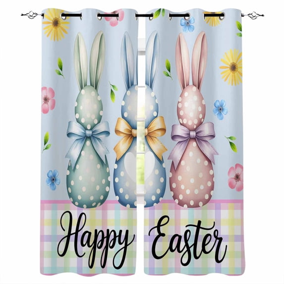 Easter Bunny Blackout Curtains for Bedroom, Spring Watercolor Polka Dot Flower Plaid Blue Thermal Insulated Kitchen Drapes with Grommets, Light Blocking Window Treatment, 2 Panels 52" x 54"