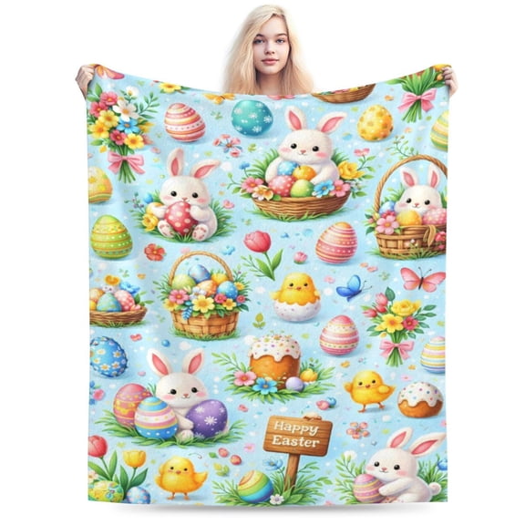 Easter Bunny Blanket Cute Easter Egg Pattern Throw Blanket Cozy Soft Spring Holiday Blanket Gift for Kids Family Easter Home Decor 60x50