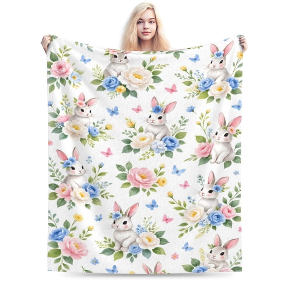 Easter Bunny Blanket Gift Throw Blanket Cozy Soft Floral Rabbit Pattern Blanket Spring Home Decor Gift for Kids Girls Family 80x60
