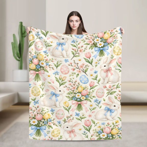 Easter Bunny Blanket Pastel Watercolor Floral Egg Design Spring Gift for Rabbit Lovers 50x40 in