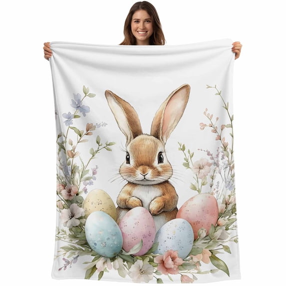 Easter Bunny Blanket Soft Cozy Warm Throw Blanket for Couch, Plush Fuzzy Flannel Fleece Blankets for Sofa, Botanical Garden Florals Colorful Eggs Bed Blankets Lightweight Gifts for Women, 50"x80"