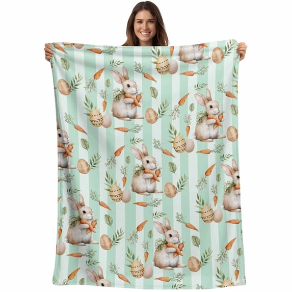 Easter Bunny Blanket Soft Cozy Warm Throw Blanket for Couch, Plush Fuzzy Flannel Fleece Blankets for Sofa, Spring Easter Eggs Botanical Green Striped Bed Blankets Lightweight Gifts for Women, 32"x48"
