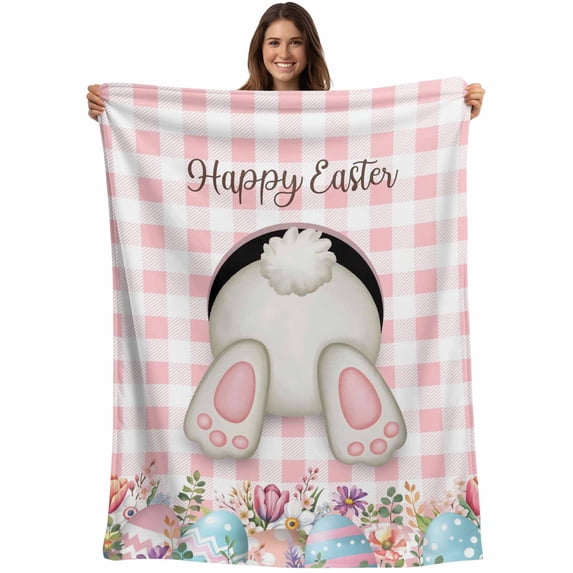 Easter Bunny Blanket Soft Cozy Warm Twin Blanket for Bed, Plush Fuzzy Flannel Fleece Blankets for Sofa, Colorful Eggs Cute Rabbit Pink White Plaid Throw Blankets for Couch, Gifts for Men, 60"x80"