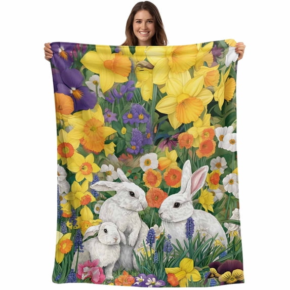 Easter Bunny Blanket Soft Cozy Warm Twin Blanket for Bed, Plush Fuzzy Flannel Fleece Blankets for Sofa, Yellow Flowers Vintage Country Leaves Pastoral Throw Blankets for Couch Gifts, 60"x80"