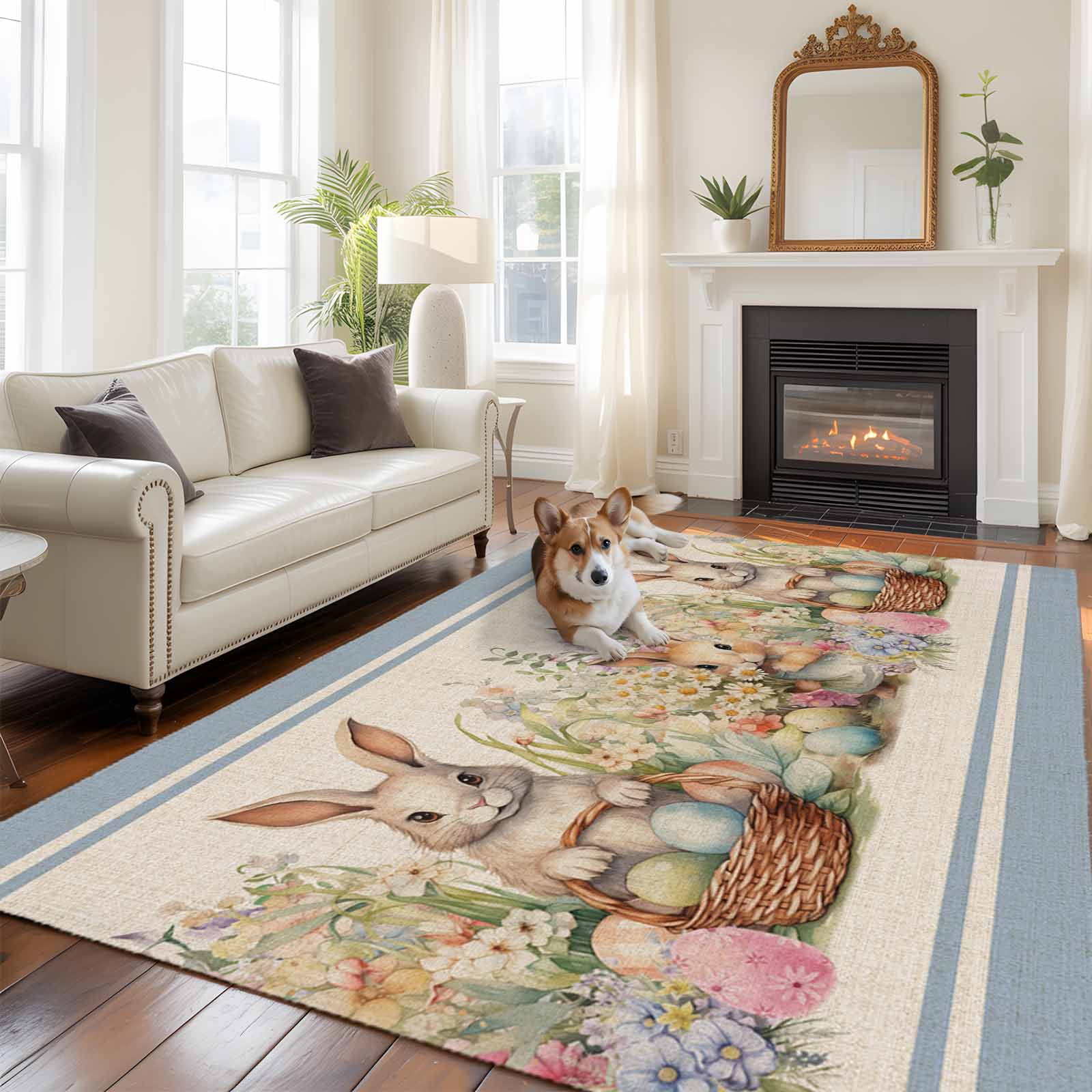Easter Bunny Blue, Area Rug 5x8 FT, Non Slip Bedroom Throw Carpet ...
