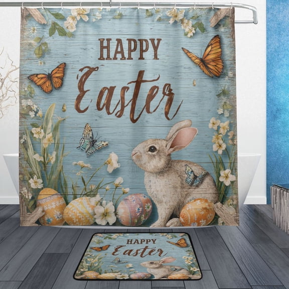Easter Bunny Blue Board Bathroom Shower Curtain Set with Floor Mat and Hooks Ultra Waterproof Visible Slider Beads